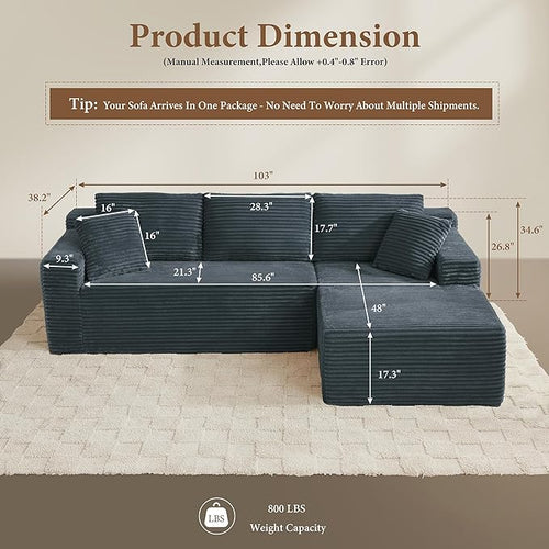 105" Sectional Couches for Living Room Cloud Couch Sofa with L-Shape Upholstered Boneless Couchs Modern Modular Sectional Couch with Chaise (Dark Grey, 105" W+Right Facing Chaise+2Seaters)
