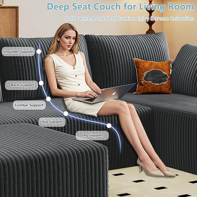 96" W Cloud Sectional Couch with Ottoman,Modern U-Shaped Cloud Couch with Deep Seat,Comfy Corduroy 3-Seater Sofa,Memory Foam Sofa for Living Room,No Assembly (Dark Grey,Right-Facing Chaise)