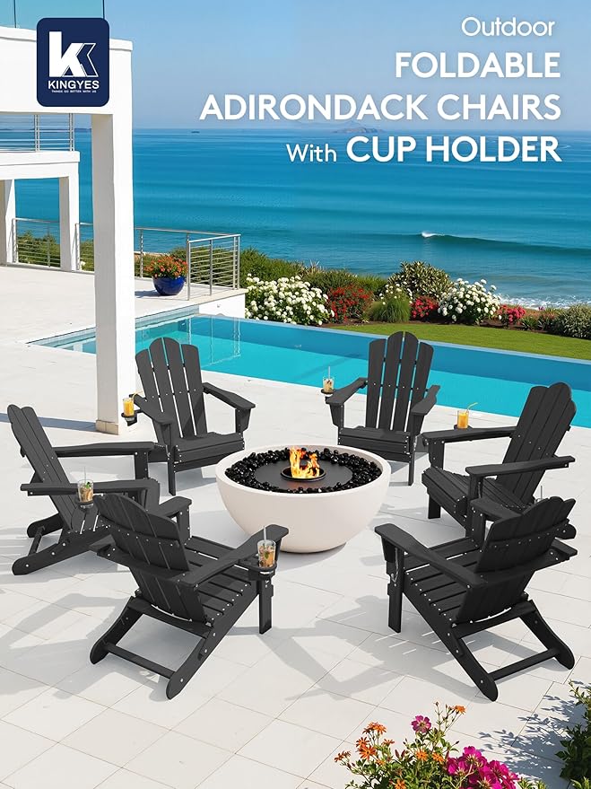 KINGYES Folding Adirondack Chair Set of 6, HDPE All-Weather Patio Chairs with Cup Holder, Wooden Textured Fire Pit Chairs for Poolside, Backyard, Deck, Grey