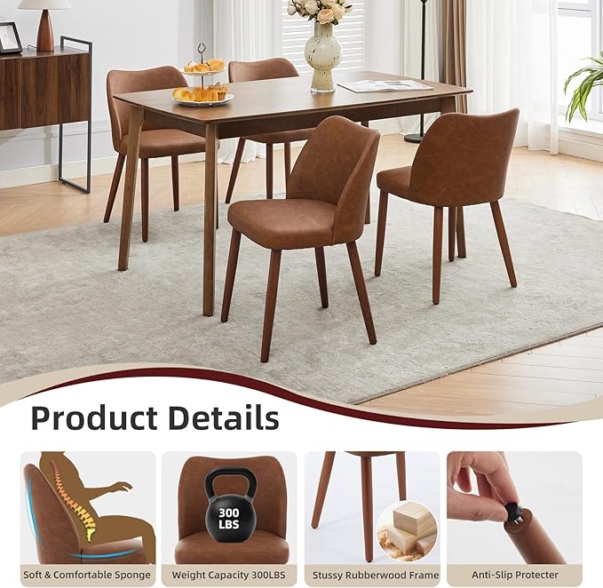 ElfinAura Dining Chair Set of 6, Leather Upholstered Dining Chair with Wood Legs, Wing Backrest, Wooden Kitchen Chair, Kitchen Chairs with Thick Cushions for Dining Room, Living Room, Brown