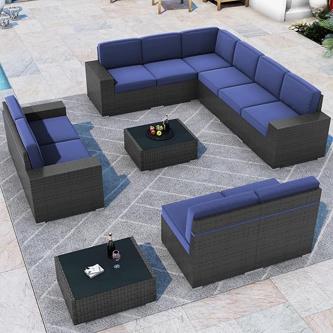 LayinSun 12 Pieces Patio Furniture Set, Black Rattan Modular Sectional Outdoor Conversation Sofa Set