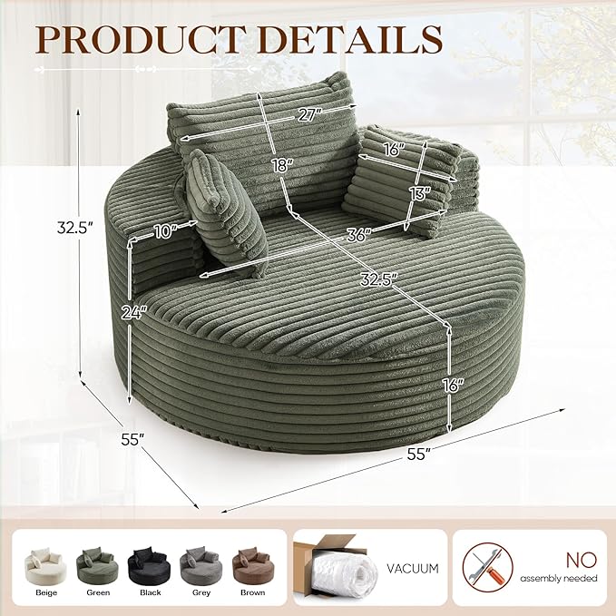 Oversized Round Chaise Longue Chair Indoor, Modern 55-inch Upholstered Corduroy Deep Seat Circle Single Cloud Lounge Floor Sofa Chair for Living Room, Bedroom Apartment, Green