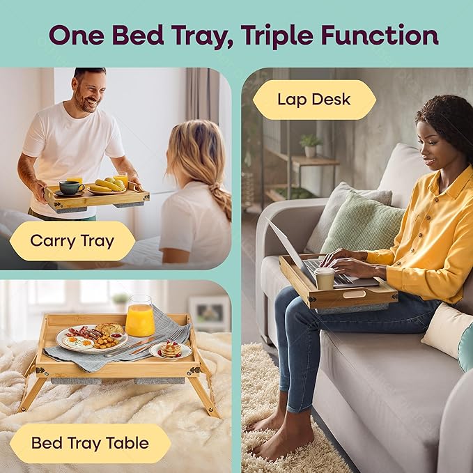 Breakfast in Bed Tray Lap Desk | Ergonomic Bamboo Bed Table Tray for Work, Rest | Comfortable Bed Desk w/Foldable Legs, Phone Holder, Cushions, Anti-Spill Edges | Adjustable Laptop Table/Lap Tray