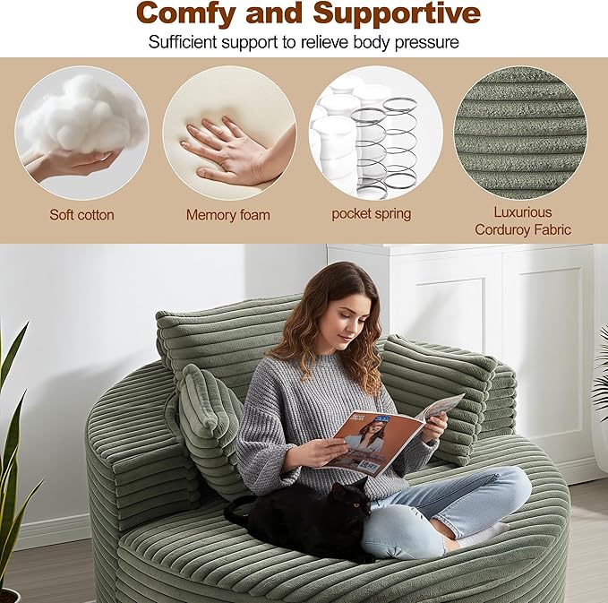 55'' Oversized Round Boneless Chaise Lounge Chair Indoor, Upholstered Corduroy Deep Seat Cloud Large Circle Sofa Couches Bed Corduroy Modern Floor No Assembly Sleeper Bed for Living Room, Bedroom