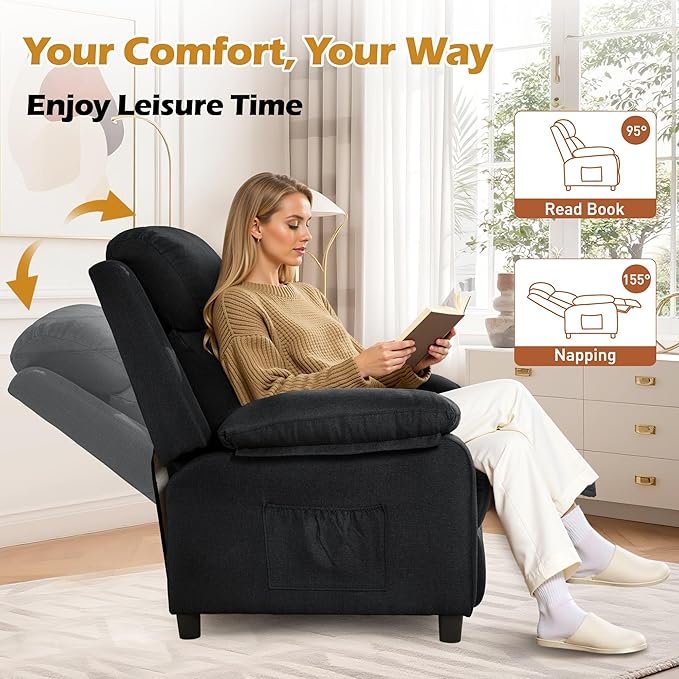 Recliner Chair, Living Room Chairs for Adults, Padded Deep Seat Reading Chair with Side Pockets, Small Recliners for Small Spaces, Lounge Chair for Living Room, Bedroom, and RV (Linen)
