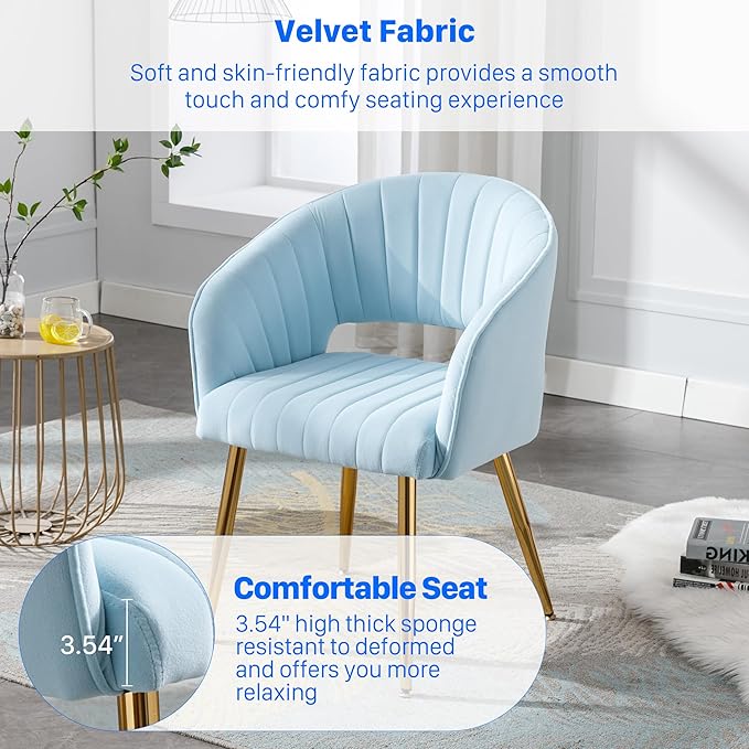 KCC Modern Velvet Desk Chair Accent Armchair Upholstered Tufted Chairs Dining Chairs, Tufted Vanity Chairs Side Chair with Gold Metal Legs for Dining Room Living Room Restaurant, 1 PC & Baby Blue