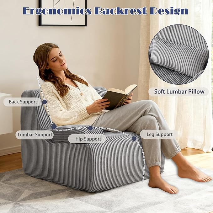 38" Bean Bag Single Chair for Living Room Bedroom, Corduroy Boneless Chair with Armrest and Pillow, Memory Foam Beanbag Couch, Lazy Floor Sofa for Reading Gaming Living Room Bedroom (2, Gray)