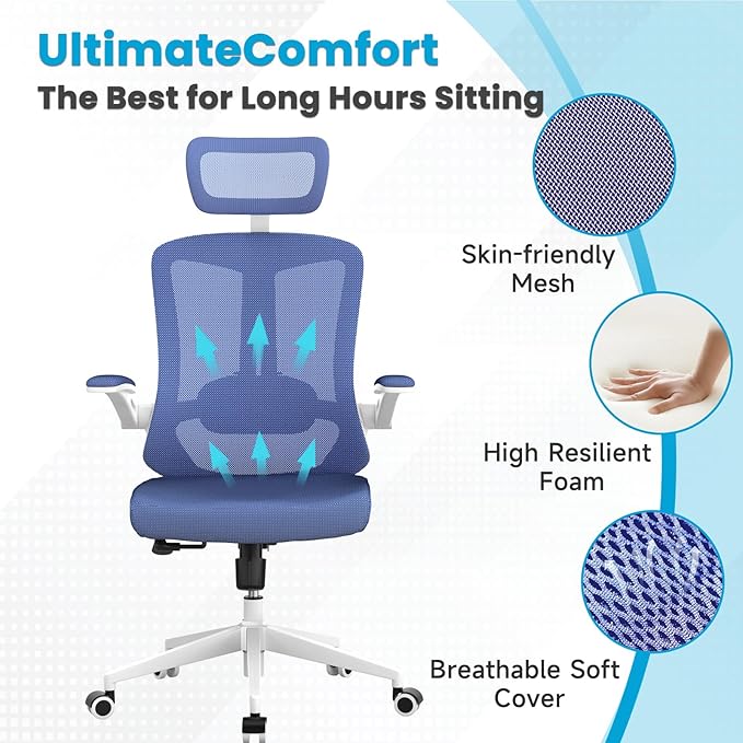 Ergonomic Office Chair - 400LB Comfy Desk Chairs with Adjustable Headrest and Lumbar Back Support, Mesh Computer Chairs with Wheels and Arms for Home Office, Study (Blue-with Headrest)