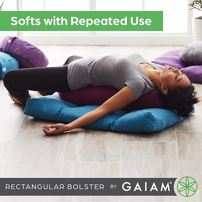 Gaiam Round Yoga Bolster Pillow, Soft Meditation Cushion for Yoga, Massage and Back Support, Breathable Cotton Fill, Zippered Microfiber Cover, Easy-Carry Handle, Machine Washable