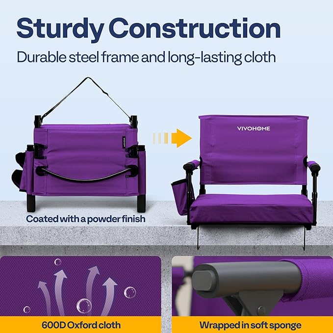 VIVOHOME Stadium Seats with Back Support and Cushion, 2 Pack Portable Bleacher Chairs with Cup Holder and Shoulder Strap