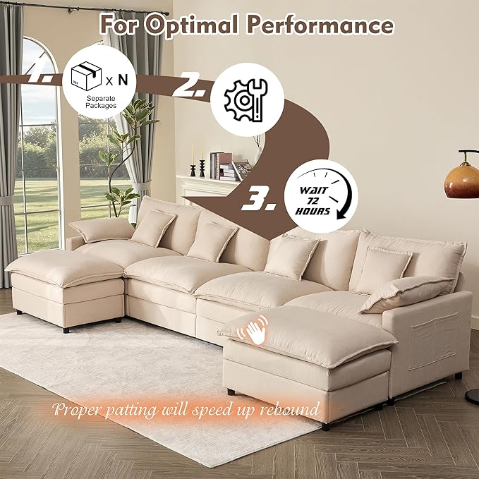 GOSUHI 142.5" U Shaped Couch, Modular Sectional Sofa, 3-Seater Comfy Cloud Couch with Movable Ottoman, Deep Seat Couches for Living Room, Linen, Beige