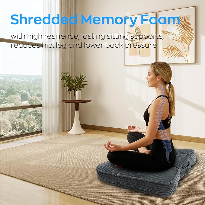 Meditation Floor Pillow Large Square Floor Cushions for Adults 22x22+4” Thicken Floor Sitting Memory Foam Pillows Seating Tufted Corduroy Seat Cushions Machine Washable for Yoga Living Room
