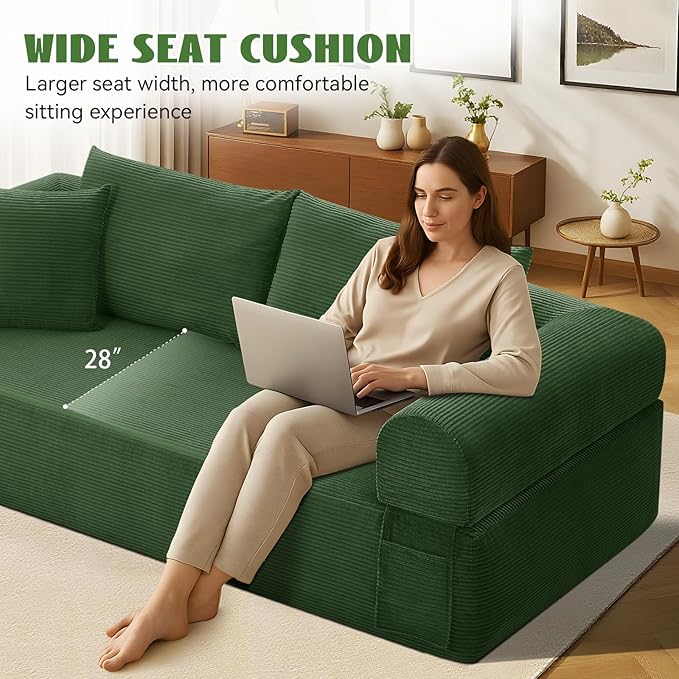 83" Sofa in a Box, 3 Seater Couch No Assembly Boneless Sofa Bed with Cushion Back 2 Matching Pillows Deep Seat Corduroy Fabric Side Storage Pockets for Living Room, Bedroom, Apartment, Office, Green