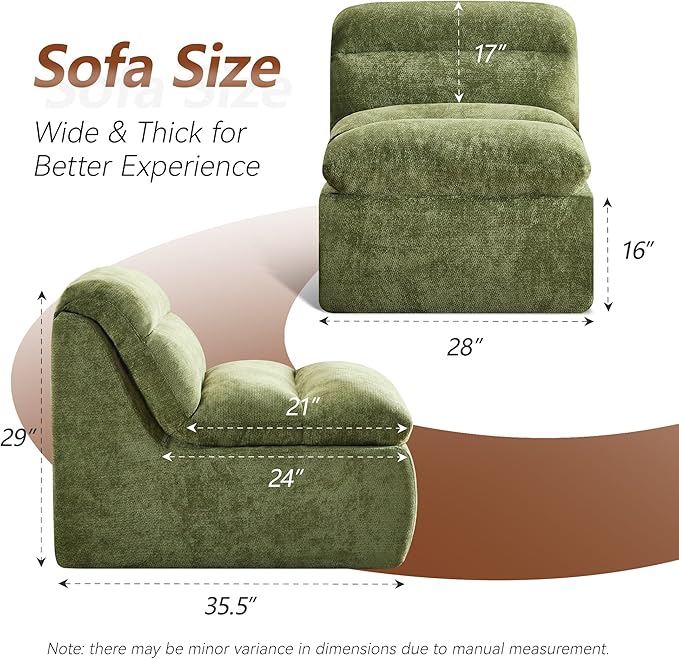 WUTUTUEE Boneless Chair, Double-Layer Armless Floor Sofa with High Density Memory Foam, No Assembly Togo Sofa, Chenille Bean Bag Chairs for Living Room, Bedroom, Comfy Cloud Chair (Green)