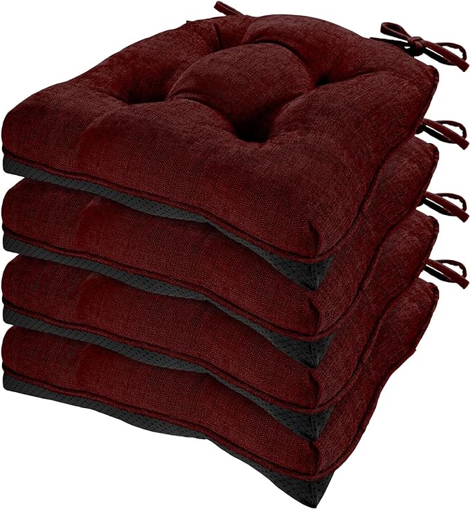 HARBOREST Chair Cushions for Dining Chairs Set of 4 - Chenille Tufted Kitchen Chair Cushions with Ties and Non-Slip Bottom, Foam Chair Pads for Dining Chairs, 17" x 17", Burgundy
