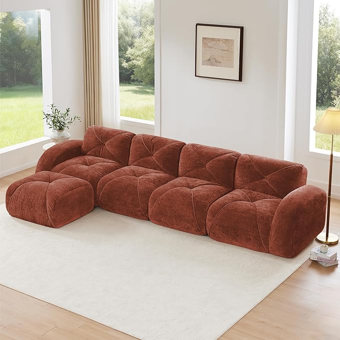 Modular Sectional Sofa with Free Combination,Oversized Boneless Floor Couch for Living Room & Lounge,Velvet 4-Seater Sectional Couch with Ottoman,No Assembly Needed