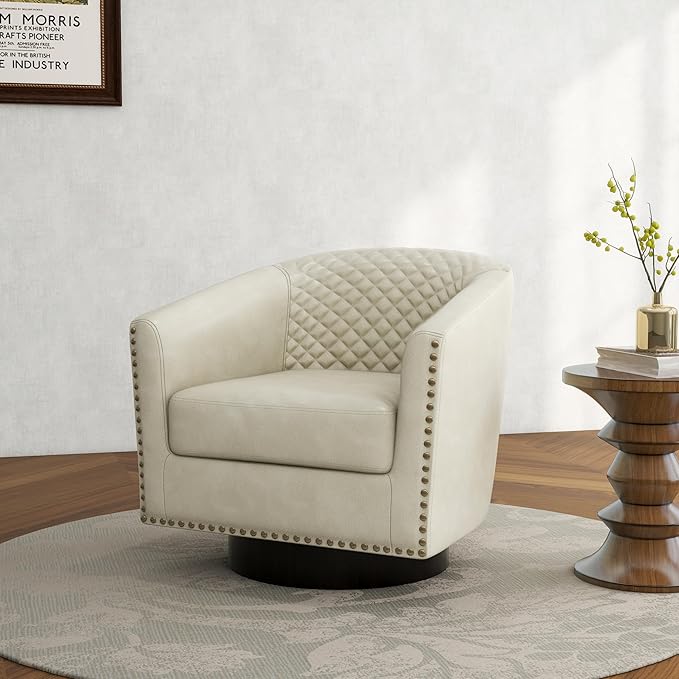 DREAMSIDEA Swivel Barrel Accent Chair, Comfy Modern Upholstered Round Faux Leather Arm Chair for Living Room, Bedroom（Beige, Set of 4