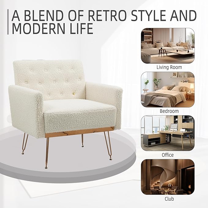 Accent Chair for Living Room, Comfy Oversized Velvet Upholstered Arm Chairs, Mid Century Modern Reading Single Sofa Side Chair with Tufted Back and Gold Legs for Bedroom (1, Teddy White)