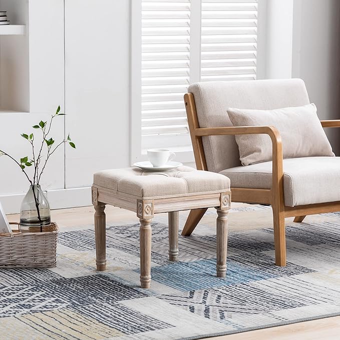 DM Furniture French Vintage Entry Bench Linen Fabric Foot Stool Small Ottoman Seat Vanity Chair with Wood Legs for Piano/Entryway Bedroom/Living Room/Hallway (Beige)