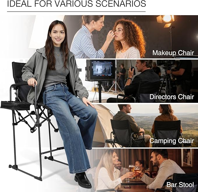 Stonehomy Portable 29" Seat Height Tall Folding Camping Chair High Foldable Directors Chair Bar Height Stool with Side Table and Storage Bag for Makeup Artist, Lawn, Craft Show, 350LBS Black, 2Pack