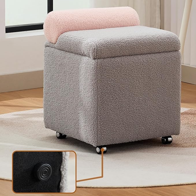 Boucle Vanity Chair with Storage, Swivel Vanity Stool with Safety Hinge, Upholstered Makeup Chair with Wheels, Square Ottoman Stool for Living Room, Dressing, Bedroom, Grey