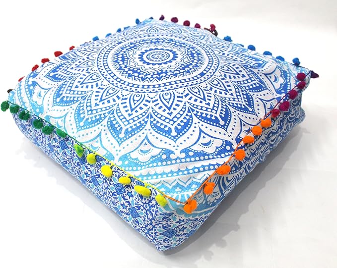 CRAFT KALA 24" Square Large Hippie Mandala Meditation Floor Ottoman Pillow Cushion Pouf Cover Square Poufs Bohemian Circle Floor Cushion Case Outdoor Fireplace Yoga Living Room Decor Cover Blue Ombre