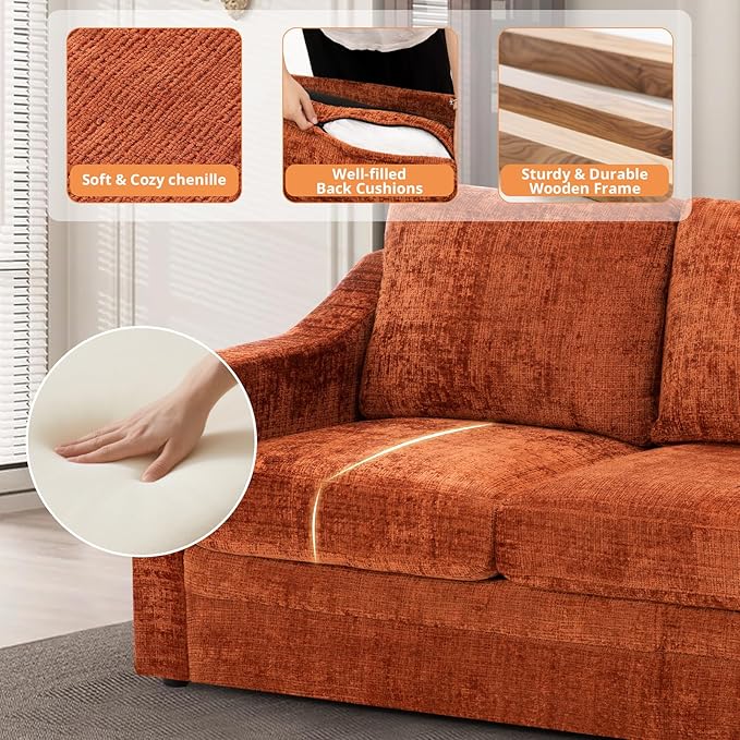 ACMEASE 67 Inches Chenille 2-Seat Sofa w/Comfortable Back Cushions, Modern Love Seat w/Deep Seat Space, Upholstered 2 Seater Couch w/High Resiliency Foam for Living Room, Office, Orange