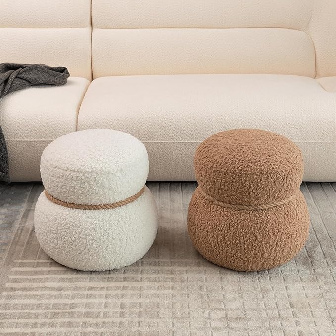 14.56" Snowman Shape Ottoman, Small Foot Stool, Cute Teddy Pouf Footrest, Foot Rest for Couch Sofa, Modern Soft Round Boucle Ottoman Under Desk for Living Room,Apartment,Small Space (White)
