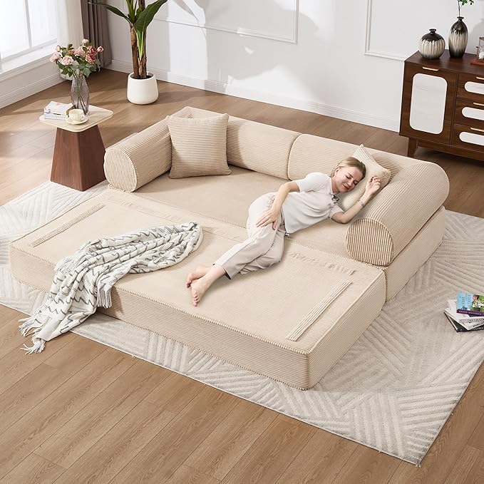 Tbfit 79'' Convertible Sofa Bed, Oversized Corduroy Folding Boneless Couch, Futon Mattress Sleeper Sofa, Comfy Foldable Upholstered Floor Couches for Living Room, Khaki