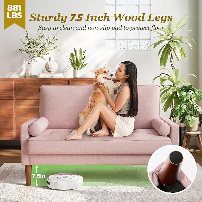 Loveseat Sofa with Solid Wood Legs, 48" Small Couches for Small Spaces, Love Seat for Living Room, Bedroom, Easy Assembly Mid Century Modern Couch with Throw Pillow for Apartment, Pink
