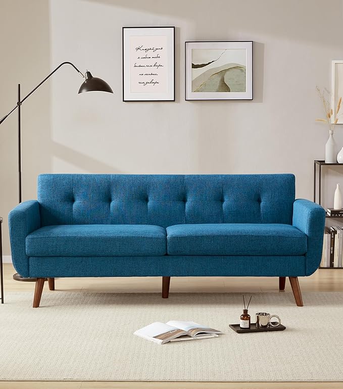 Tbfit 77.2" W Linen Sofa Couch, Mid Century Modern Decor Loveseat Couches for Living Room, Button Tufted Upholstered Small Couch for Bedroom, Solid, and Easy to Install Love Seats Furniture, Blue | linen fabric, button tufted, solid wood foot, pocket s...