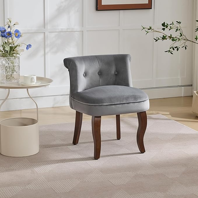 WUTUTUEE Velvet Vanity Chair with Back, Tufted Upholstered Vanity Stool with Solid Wood Legs, Mid Century Small Makeup Chair for Vanity, Accent Chair for Bedroom, Living Room, Grey