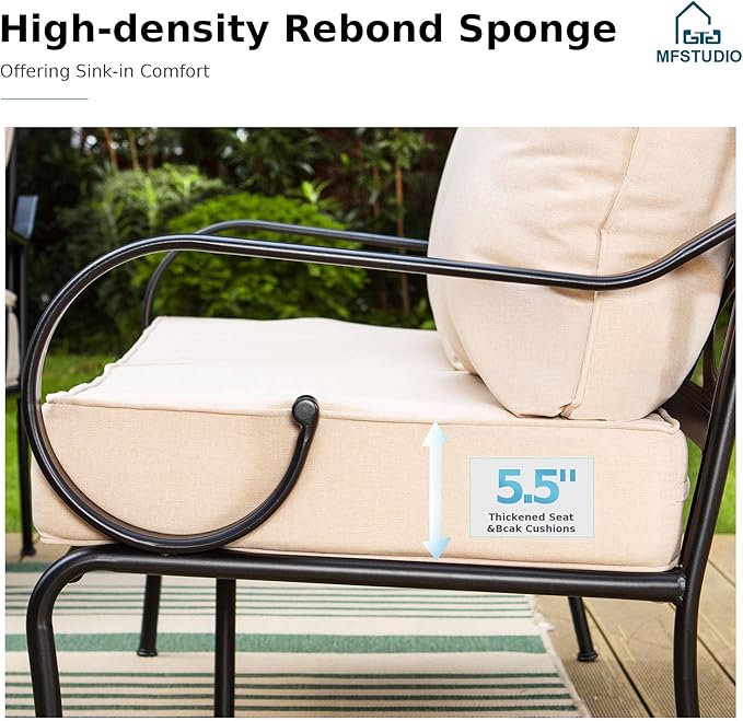 MFSTUDIO 5 Seats Large Metal Patio Conversation Sets, 4 Pieces Outdoor Sectional Furniture Sofa with 2 x Motion Chairs, 1 x 3-seat Sofa and 1 x 45 inches Rectangular Propane Fire Pit Table