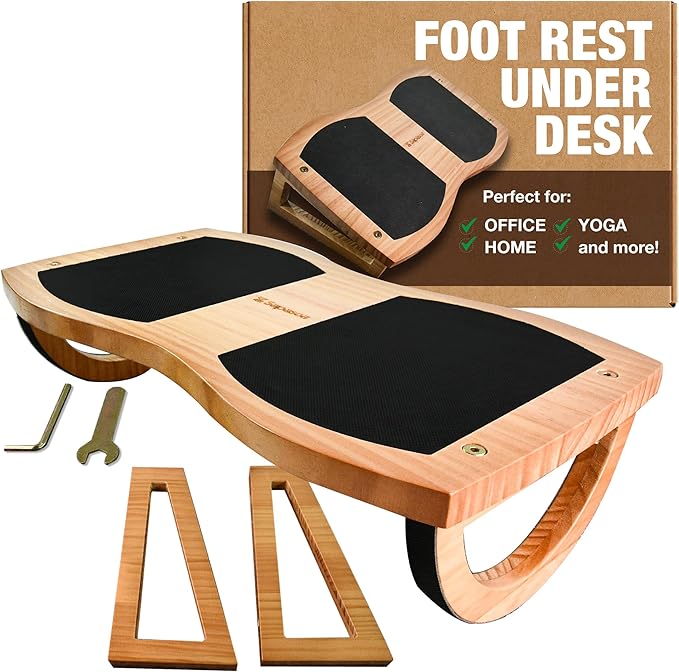 Under Desk Foot Rest - Ergonomic Balance Foot Rest for Under Desk at Work, Office, Home, Yoga - Heavy Duty Pine Wood Material, Non-Slip Rubber Mats - Promotes Better Posture - Easy Assembly