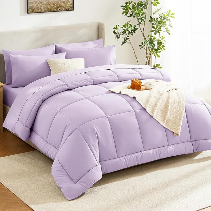 CozyLux Queen Comforter Set Lavender, 7 Pieces Bed in a Bag, Light Purple Comforter Queen Size, All Season Bedding Sets with Stitch Quilted Comforter, Flat Sheet, Fitted Sheet, Pillowcases
