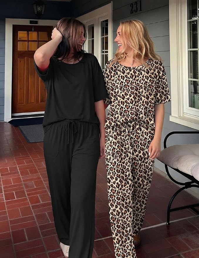 Ekouaer 2 Pack Womens Pajama Sets Short Sleeve Tops and Long Pants Casual Comfy Pjs Lounge Set with Pockets,S-XXL