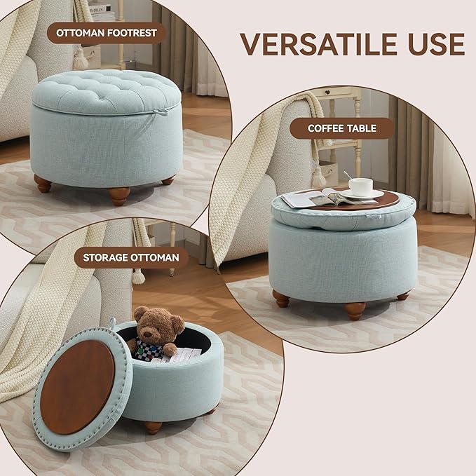 WUTUTUEE 24Inch Round Storage Ottoman with Tray, Modern Tufted Fabric Circle Coffee Table with Storage, Upholstered Ottoman with Removable Top for Living Room, Bedroom, Light Blue