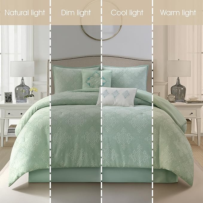 Grand Avenue 6 Piece Cotton Sage Comforter Set, King Size Jacquard Bedding Set, All Season Geometric Bedding, Matching Pillows, Shams, Bed Skirt