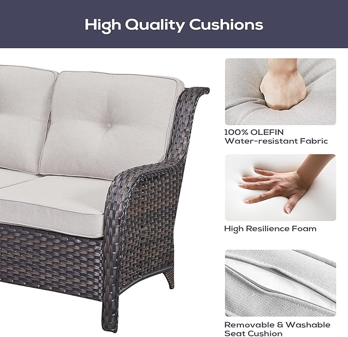 Belord Outdoor Patio Furniture Set with 50000BTU Propane Fire Pit Table, 4 Pieces Wicker Patio Conversation Set with 2 Swivel Rocker Glider Chairs Rattan Sofa Beige Cushion Perfect for Gathering