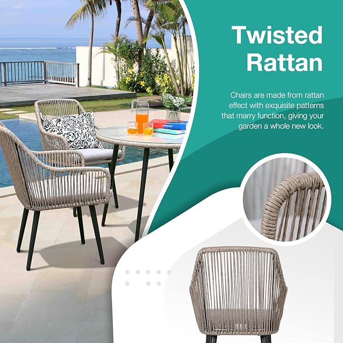 Patiorama Outdoor Dining Chairs, Patio Dining Chair Set of 2, All-Weather Woven Rope Rattan Chairs, Outdoor Dining Wicker Chairs with Armrests for Indoor Balcony Pool Backyard(Tan)
