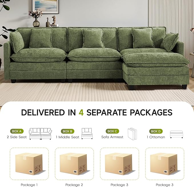 UMBFUN 3-Seater Cloud Couch with Ottoman, Oversized Comfy Modular Sectional L Shaped Sofa with Deep Seats, Chenille Couch for Living Room, Green