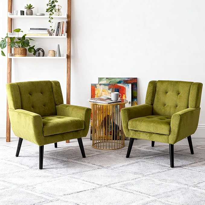 OO BY ORANGE ONLINE Set of 2 Velvet Accent Chair, Mid-Century Modern Tufted Armchair for Living Room, Bedroom & Office (Olive Green)