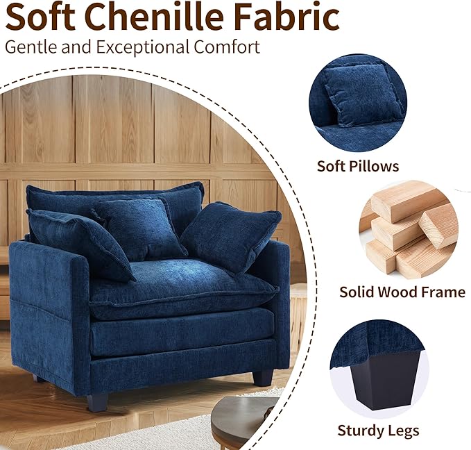 SweetGO corporation 40" Chenille Lounge Chair for Reading, Modern Couch Cozy Sofa Bed, Upholstered Living Room Single Sofa Accent Chair with Ottoman, Blue