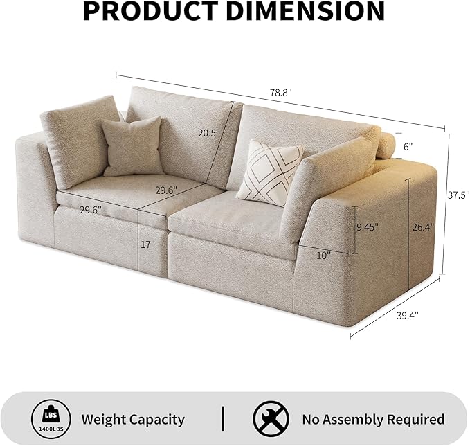 OTSLTSOO Cloud Couch Loveseat, 79" Boneless Deep Seat Sofa, 2-Seater Modular Ergonomic Couch for Living Room, Memory Foam Comfy Sofa No Assembly Required (Beige)