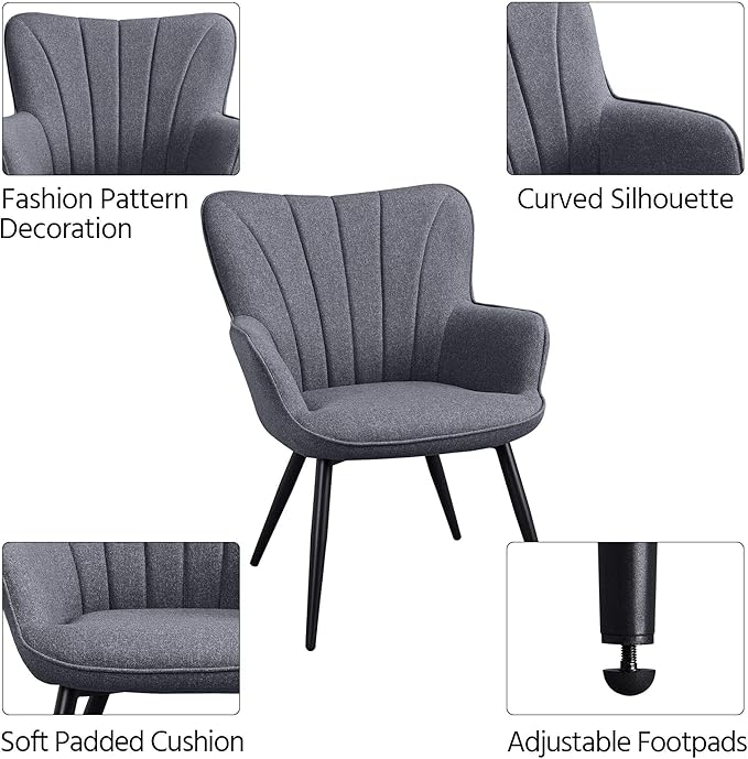 Yaheetech Accent Chair, Modern and Elegant Armchair, Linen Fabric Vanity Chair with Mental Legs and High Back for Living Room Bedroom Office Waiting Room, Grey