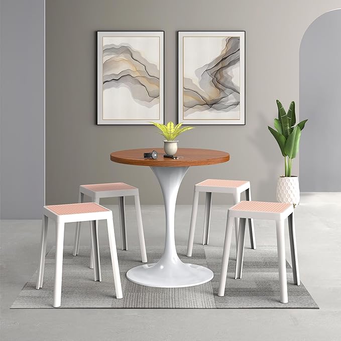LeisureMod Stackable Square Plastic Dining Stool - Mid-Century Modern Backless Accent Stool with Wicker Top for Kitchen & Dining Room, White