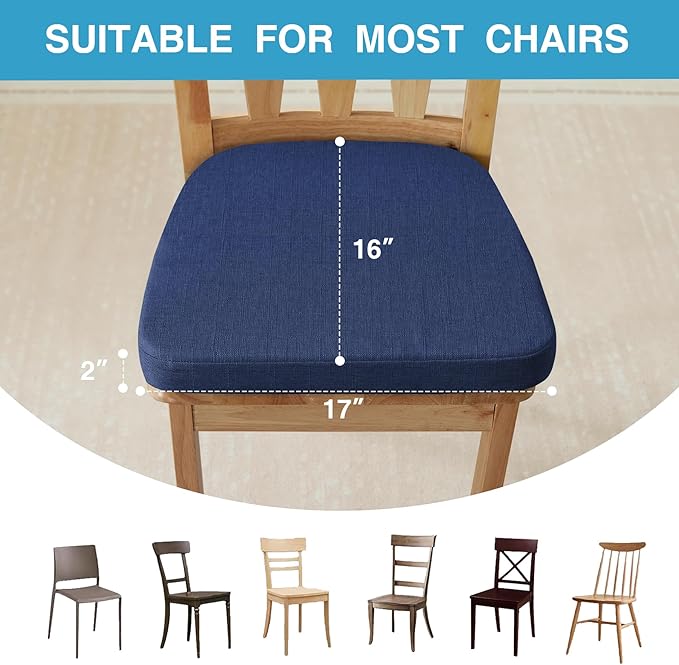 Chair Cushions for Dining Chairs Set of 6, Non Slip Kitchen Chair Pads, 17" x 16" x 2", Indoor Dining Chair Cushions with Ties, D-Shaped Seat Cushions for Kitchen Chairs, Navy Blue