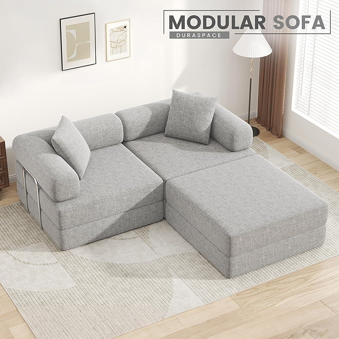 DURASPACE 117.6'' Folding Convertible Sofa Bed Boneless Foam Sectional Couches with Fixed-Shape Frame, 3-Seater Modular Floor Sleeper Sofa for Living Room, Chenille Gray