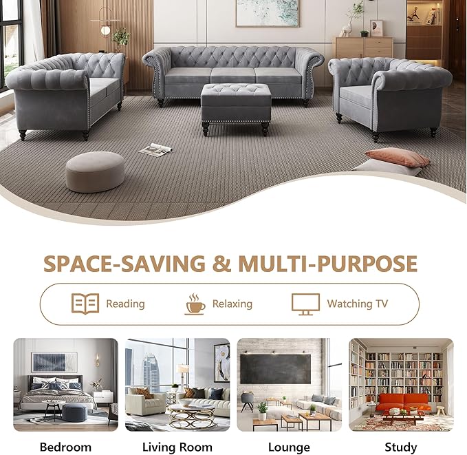 QHITTY Accent Large Sofa, Chesterfield Couch 3 Seater Modern Velvet Couch Upholstered Sofa with Tufted Back for Living Room Furniture (Grey)
