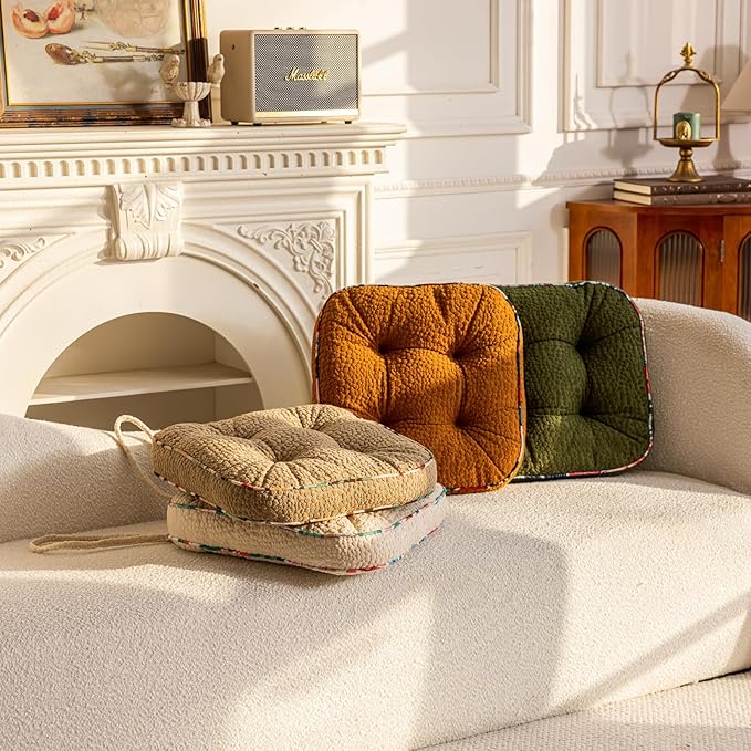 Soft Comfort Chair Pads with 3D Dots Pattern Jacquard Warm Square Chair Cushion with Ties Thicken Non-Slip Floor Pillow Fluffy Seat Cushion for Office Dining Kitchen (Orange,15"x15")